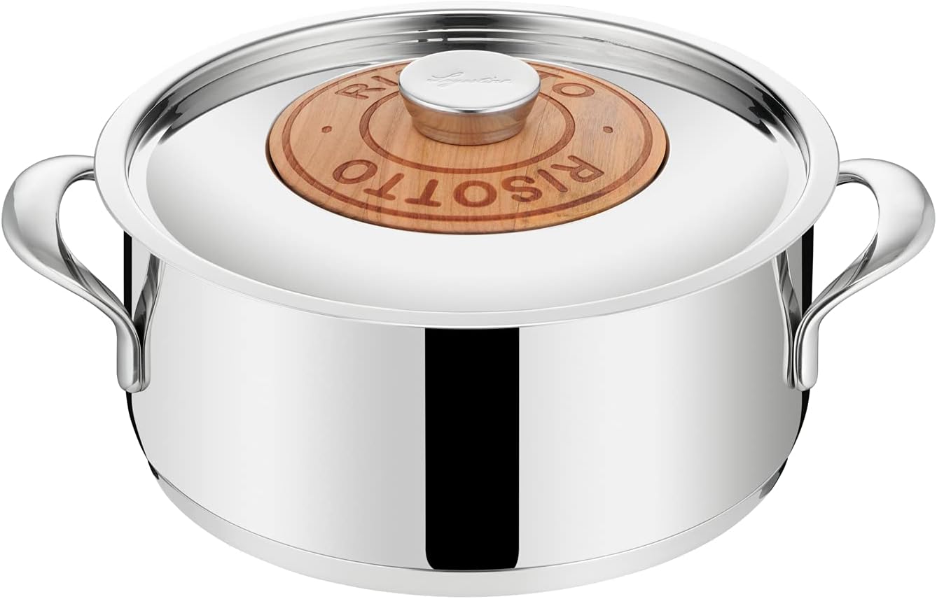 پلوپز لاگوستینا اموزیونه + درب و ظرف گیلاس Ø 24 سانتی‌متر، قابلمه ساخته شده از چوب و استیل ضد زنگ 18/10 برای القایی و گازی، با پایه روکش سه لایه لاگوترم و دسته‌های پهن جوش داده شده